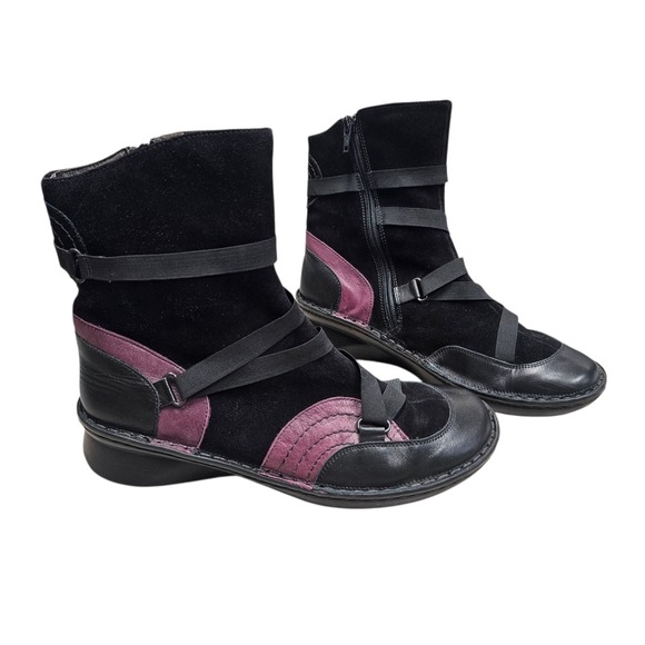 NAOT Black Leather Suede Ankle Boots Strappy Purple Detail Comfort Size 37 EU - Picture 1 of 8